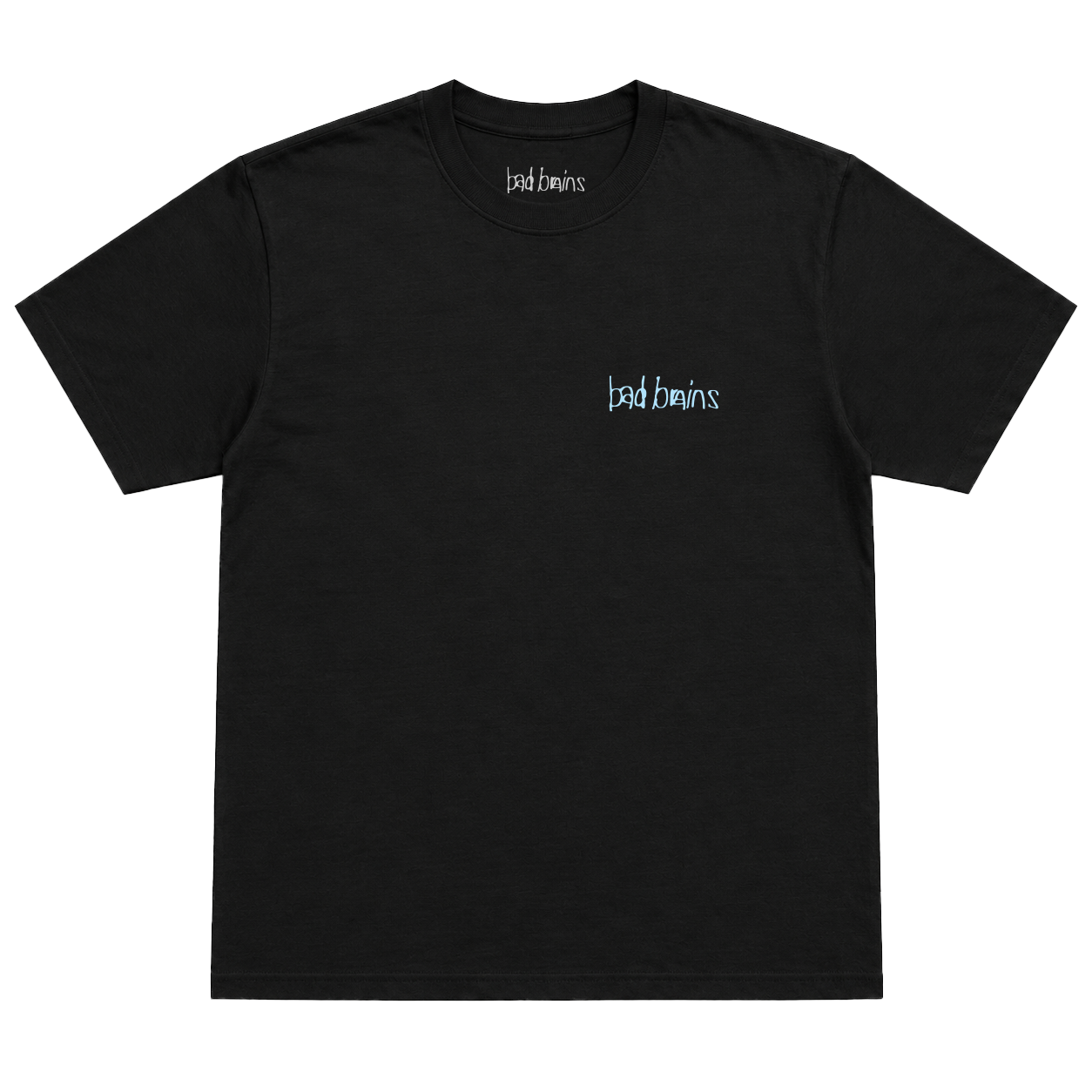 Quickness Black T-Shirt featuring small light blue “bad brains” text screen printed on the left chest and inside the neck area on the collar tag. Crafted from 100% cotton, this shirt offers a classic fit and short sleeves for everyday comfort.