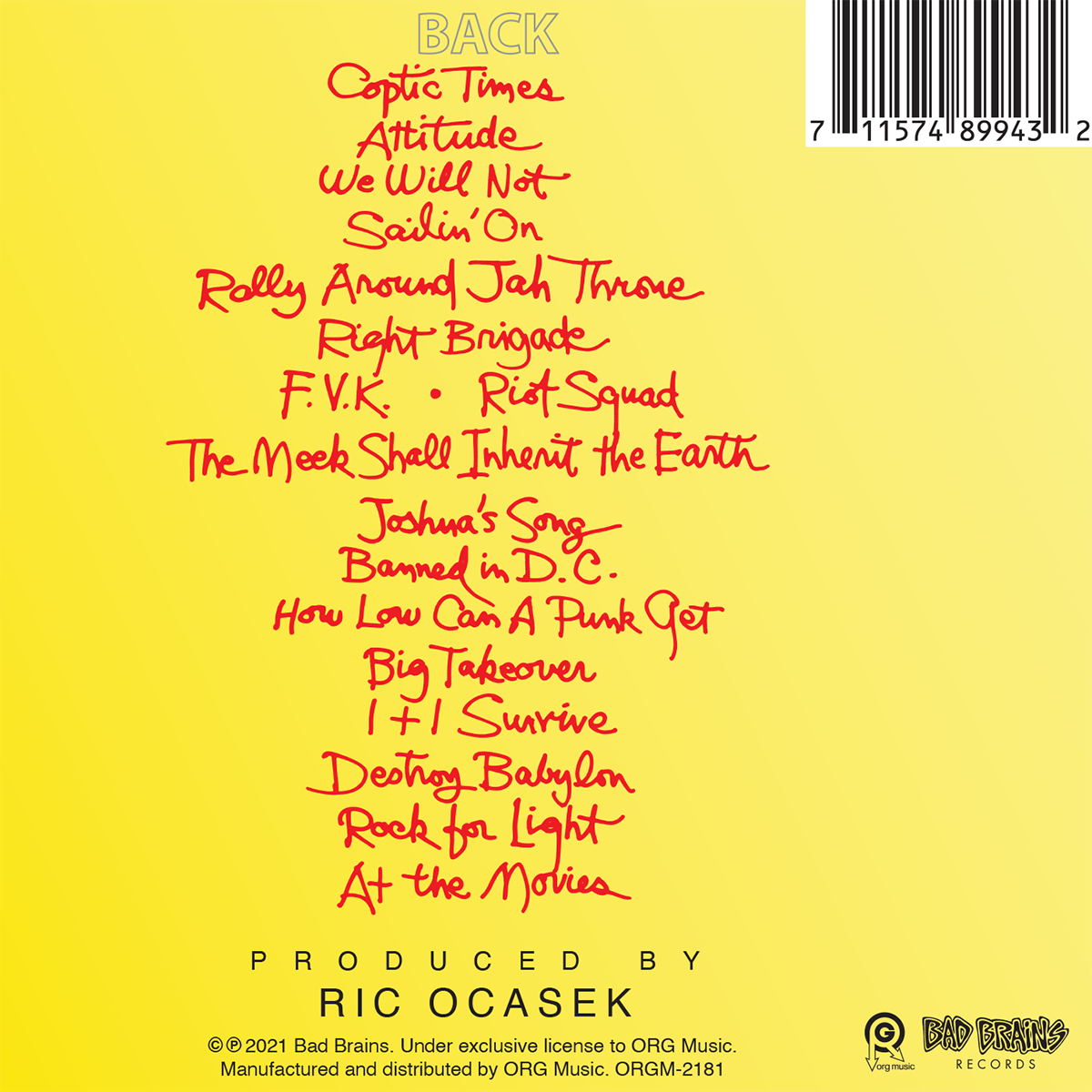 Rock For Light CD features a yellow back cover with a handwritten red song list highlighting punk classics like “Coptic Times,” “Attitude,” and “Big Takeover” from Bad Brains’ legendary album. The design also includes barcode, copyright details, and production credits at the bottom.