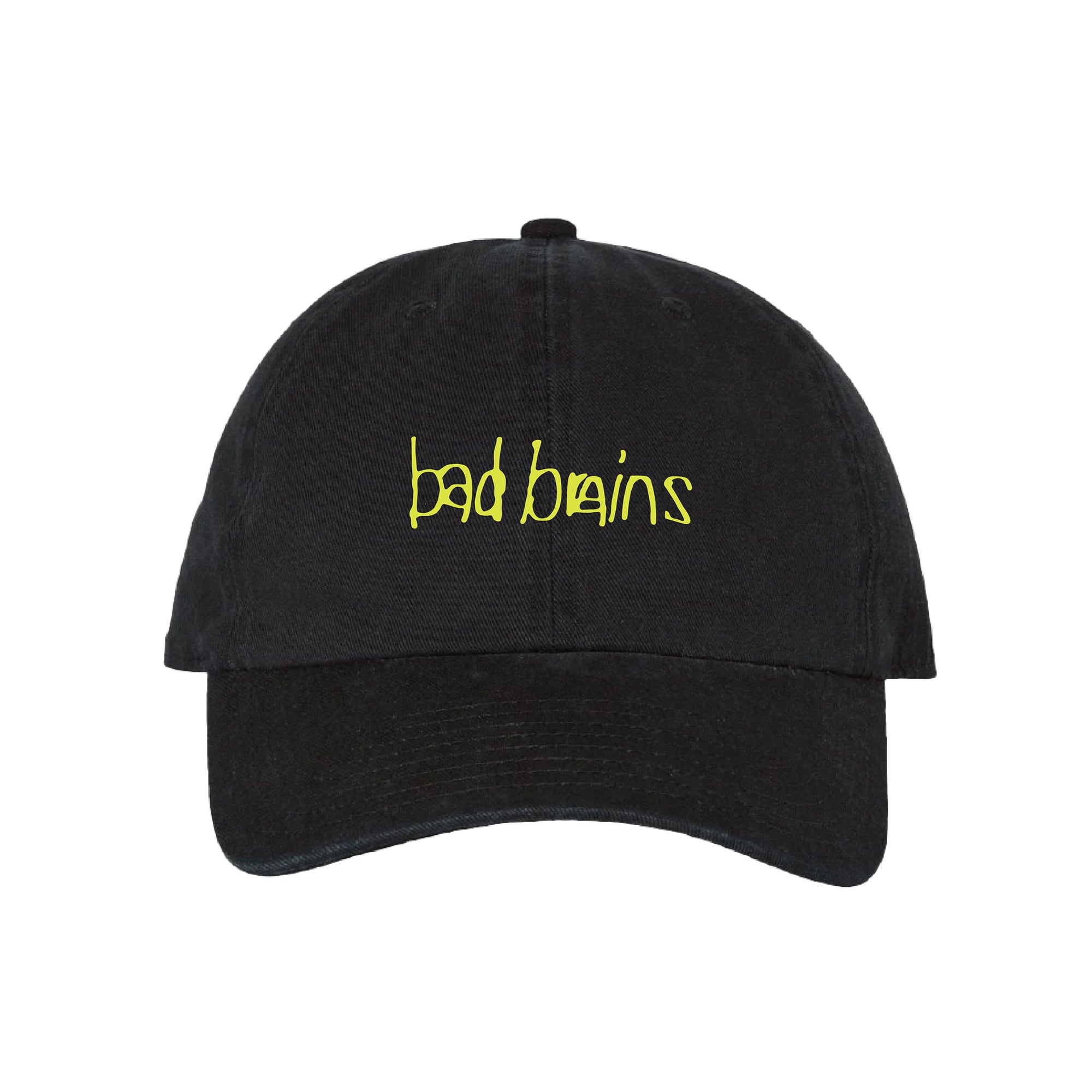 The I Against I Logo Black Dad Hat is a black dad cap with yellow embroidered “bad brains” text on the front.