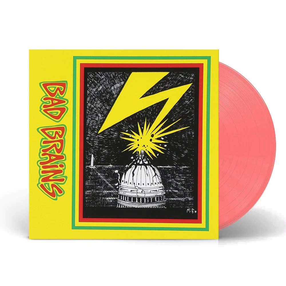 The Bad Brains Transparent Red Vinyl LP is a classic punk album presented on striking transparent red vinyl, featuring a yellow cover with the iconic Bad Brains text and artwork of a lightning bolt striking the U.S. Capitol dome—a reference to their legendary track “Banned In D.C.”.